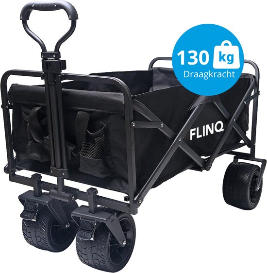 FlinQ Bolderkar tot 130 KG - Opvouwbaar - Strandkar met Duwstang - Inklapbare Bolderwagen voor Strand - 100L Inhoud met Draaibare Wielen - Zwart van FlinQ