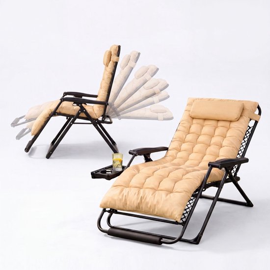 FlinQ XL Relax Tuinstoel Cloud Comfort Deluxe - Verstelbare Zero Gravity Relaxstoel - Extra breed - Extra dikke kussens - Hoofdkussen & Bekerhouder/Tafeltje - Ligstoel - Tuinmeubelen - Ideale Campingstoel - Ook voor Tuin of Balkon