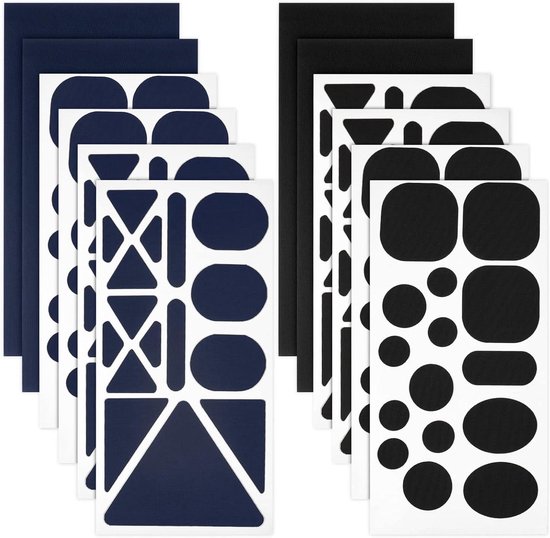 flintronic Pack of 12 Repair Patches for Clothes, Waterproof Self-Adhesive Patches, Nylon Down Jackets Repair Tents, Sleeping Bags Umbrellas, Various Sizes and Shapes, Black and Blue