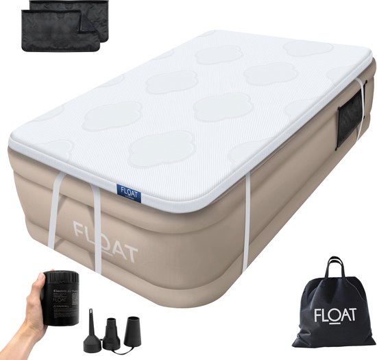 FLOAT 1 Persoons luchtbed met (5 cm) Foam Topper - <3 min snel opgeblazen - Inclusief 2 opbergzakken, draagtas en reparatiekit - 191x99x40 cm - Zelfopblazend Twee persoons luchtmatras - Ingebouwde elektrische pomp - Stevig Logeerbed - CloudSpring van VELDMAN