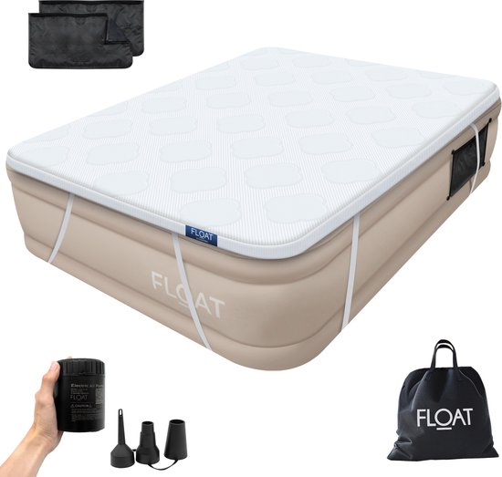 FLOAT CloudSpring - 2 Persoons luchtbed met (5 cm) Foam Topper - <3 min snel opgeblazen - Inclusief 2 opbergzakken, draagtas en reparatiekit - 203x152x46 cm - Zelfopblazend Twee persoons luchtmatras - Ingebouwde elektrische pomp - Stevig Logeerbed van FLOAT