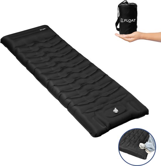 FLOAT Nomadic - 1 Persoons slaapmatje met voetpomp - Stevig en licht Luchtbed voor de camping - 195x66x12 cm luchtmatras - Zelfopblazende slaapmat - Zwart van Merkloos