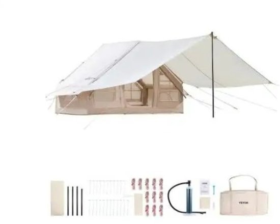 Flolife - Opblaasbare Tent 3-5 Personen – Handpomp Inclusief – Snel & Eenvoudig Opzetten – 300D Oxford – Met Gaasramen