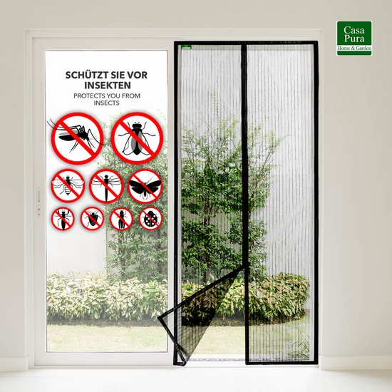 FLOORDIREKT Vliegenhor Sam Magnetisch Gordijn voor Balkondeur, Terrasdeur & Kelderdeur - Eenvoudige Zelfklevende Montage Zonder Boren - Horrengordijn Deur - met Gestreept Garen - 90 x 210 cm