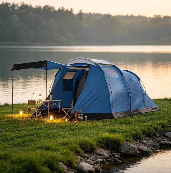 FloraGrace Tent - Tunneltent Voor 4 Personen - 460 x 260 x 190 cm - Polyester - Blauw - Waterkolom 3000 mm - Met Voortent