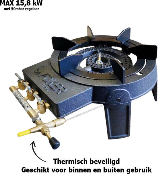 Foker wokbrander kookbrander Thermisch beveiligd - Geheel gietzijer - 3 kranen instelbaar - Maximaal vermogen - Zonder slang en regelaar - Propaan - geschikt voor binnen en buiten gebruik van FOKER