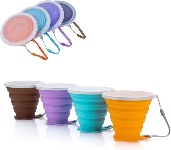 Folding Silicone Cup 4 Pack BPA Free- Collapsible Travel Mugs with Sealing Lid - Reusable Portable Cup Set for Camping - Silicone Cups for Picnic Hiking Outdoor Travel Silicone Foldable Cup