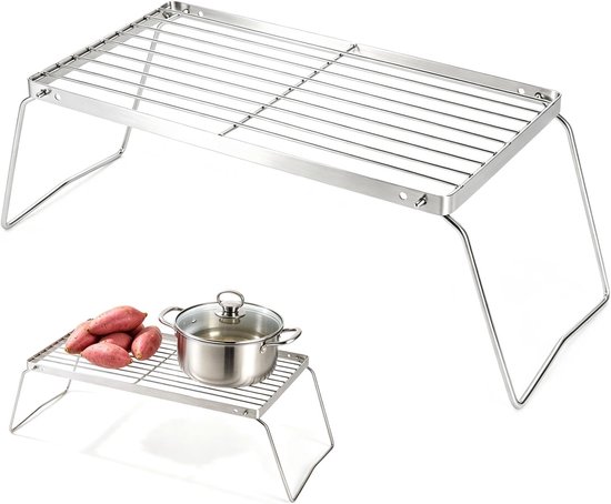 Folding Stainless Steel Grill Grate, 30 x 16 cm, Camping Grill with 2 Heights, Foldable Outdoor Grill for Fire Bowl - ShopVlot