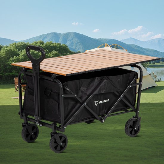 FOXSPORT Bolderkar 8 inch - Incl. Campingtafel Walnoot - Camping trolley - Wagen Draagbare - Outdoor aanhangwagen - Picknick en Bbq - Bolderwagen met Duwstang - Tot 100kg Draagvermogen - Zwart van Fox