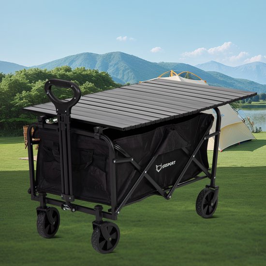 FOXSPORT Bolderkar 8 inch - Incl. Campingtafel Zwart - Camping trolley - Wagen Draagbare - Outdoor aanhangwagen - Picknick en Bbq - Bolderwagen met Duwstang - Tot 100kg Draagvermogen - Zwart van Fox