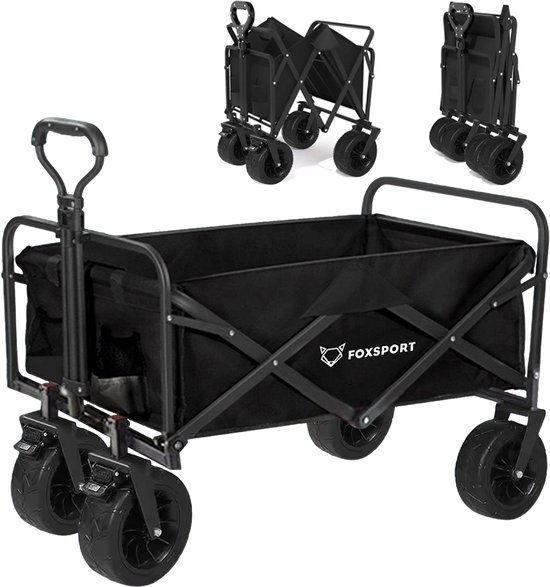Foxsport Bolderkar - Opvouwbaar - 100L - Grote wielen met rem - Inclusief opbergtas - Verstelbare hendel - 94×59×70cm – 100KG – Zwart van FOXSPORT