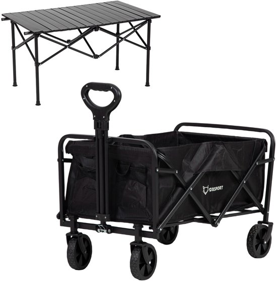 FOXSPORT Bolderkar - Opvouwbaar - 75KG Draagkracht - Draaibare wielen mét rem - met zwart kampeertafel - Verstelbare hendel - Bolderwagen - Transportkar - Handige opbergvakken - Zwart van FOXSPORT
