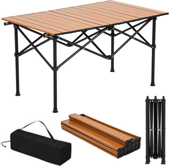 FOXSPORT Campingtafel Inklapbaar - Kampeertafel Opvouwbaar - Inklapbare Tafel - Lichtgewicht Aluminium - Vouwtafel - Klaptafel - oprolbaar tafelblad inklapbaar - Walnoot - 90 x 58 x 55 cm van FOXSPORT
