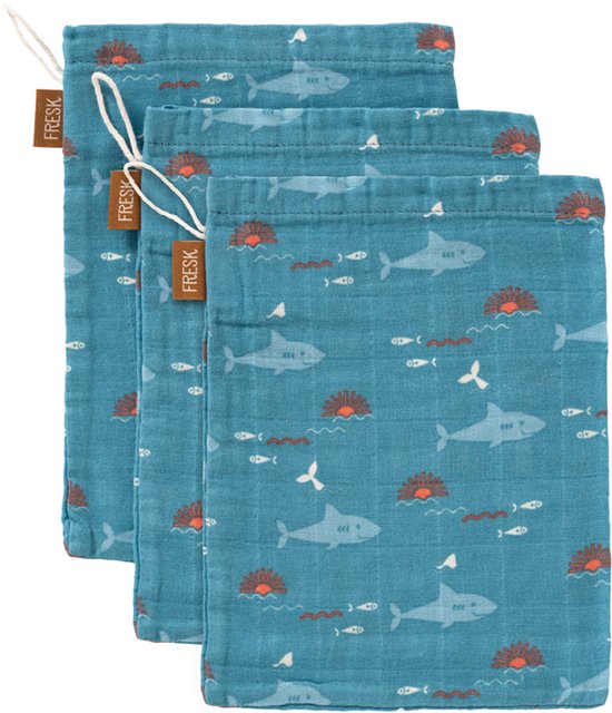 Fresk Hydrofiele Washandjes - 21 x 15 cm - Babyverzorging - 3 stuks - Ademend en Absorberend - Babyspullen - Babyverzorging - Blauw - Shark van Fresk