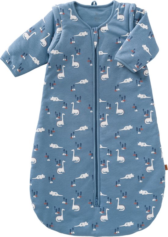 Fresk Slaapzak Baby Winter - 0-6M - 60 cm - Afritsbare Mouwen - Interlock met Lichte Voering - Biologisch Katoen - Zacht en Ademend - TOG 2.8 - Blauw - Dino van Merkloos