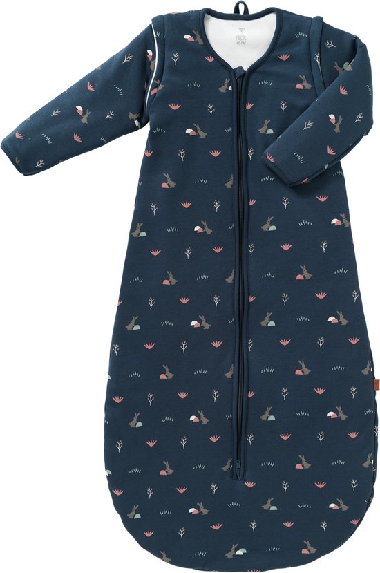 Fresk Slaapzak Baby Winter - 0-6M - 60 cm - Afritsbare Mouwen - Interlock met Lichte Voering - Biologisch Katoen - Zacht en Ademend - TOG 2.8 - Blauw - Rabbit Mood Indigo van Merkloos