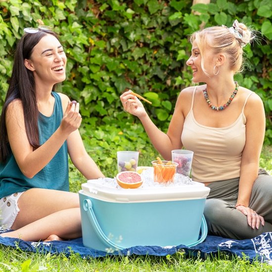 Frigobox - Koelbox - Picknick - 20 Liter - met Hendel - Deksel die als Dienblad gebruikt kan worden voor Hapjes en 2 Bekerhouders - Retro