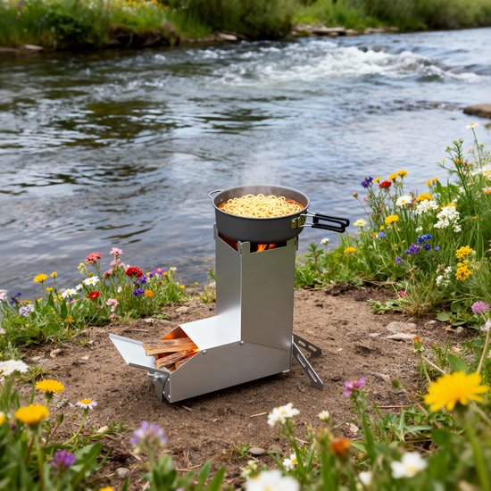 Froadp 2er Rocket Stove RVS vuurschaal open haard - Draagbare kampeerhoutkachel, kampeerkachel met tas, kampeerkachel en terraskachel. Campinggrill voor BBQ, wandelen, tuin, zilver