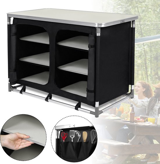 Froadp Kampeerkitchen Outdoor Keuken Kampeerkast Reiskeuken met Aluminiumframe Draagtas Keukendoos Tentkast Opvouwbare Kast Stofkast (6 vakken & 1 tafel) van Merkloos