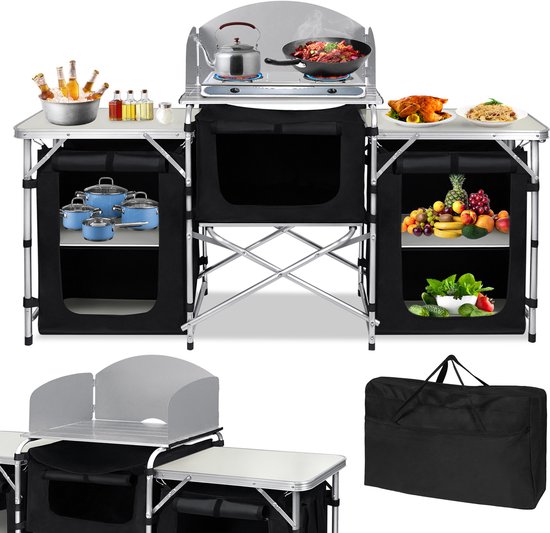 Froadp Kampeerkitchen Outdoor Keuken Kampeerkast Reiskeuken met Aluminiumframe Draagtas Keukendoos Tentkast Opvouwbare Kast Stofkast Windscherm (5 vakken & 3 tafels)