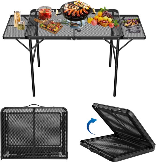 Froadp Kampeertafel inklapbaar 90x60 cm, Bijzettafel Outdoor met Metaalgaasplateau, Vouwtafel met verstelbare hoogte & breedte, Draaghendel, Picknicktafel (tot 134x60 cm) van Merkloos