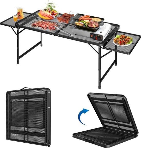 Froadp Table de Camping Pliante 120x60 cm, Table d'Appoint Extérieure avec Plateau en Grille Métallique, Table Pliante Hauteur & Largeur Réglables, Poignée de Transport, Table de Pique-nique (jusqu'à 176x60 cm) van Merkloos