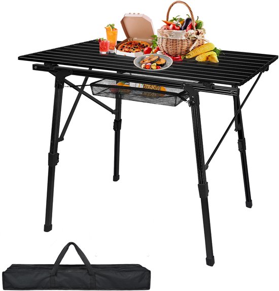 Froadp Zwart Aluminium Kampeertafel inklapbaar 90 x 52 cm, Kampeertafel Vouwtafel met verstelbare hoogte, Draagtas, Picknicktafel voor Kamperen, Tuin, Balkon