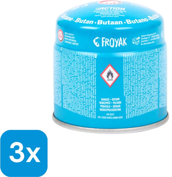 Froyak - 3 Gasblikjes - Voordeelverpakking - 3 stuks x 190 gram - Beveiliging tegen lekkage - Butaan