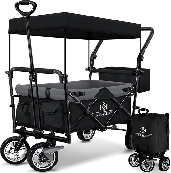 FurnStar - Opvouwbare Handkar Met Dak Handkar - Transportwagen - incl. 2X 3 puntsgordelsysteem - Opvouwbaar - Massief Rubberen Banden - Tot 80kg - Voor en Achterrem - Draagtas, Zward/Grijs van Merkloos