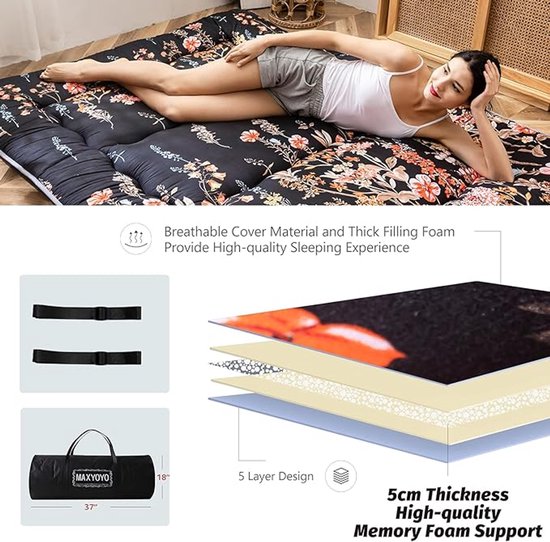 Futonmatras 90 x 190 cm – Opvouwbare Japanse Tatami Vloermat, Dikke Slaapzaal Matras, Pillow-Top Matras met Traagschuim en Polyester Vulling, Verrijdbaar, Zwart Bloemen – Pauwhome van Pauwhome
