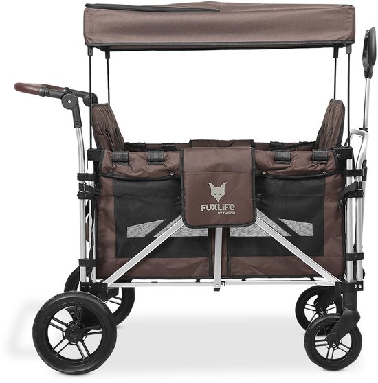 FUXLIFE by FUXTEC CTXL900 Bolderkar voor 4 kinderen - Opvouwbaar - Bruin - Met Veiligheidsriemen & Zonnedak - Strandkar & Handkar - Max. 75kg