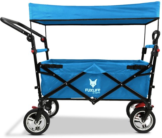 FUXLIFE Opvouwbare Bolderkar FX-CT700 Turkoois met Dak – Transportwagen met Duwstang, Parkeerrem & Volrubberen Banden van Merkloos