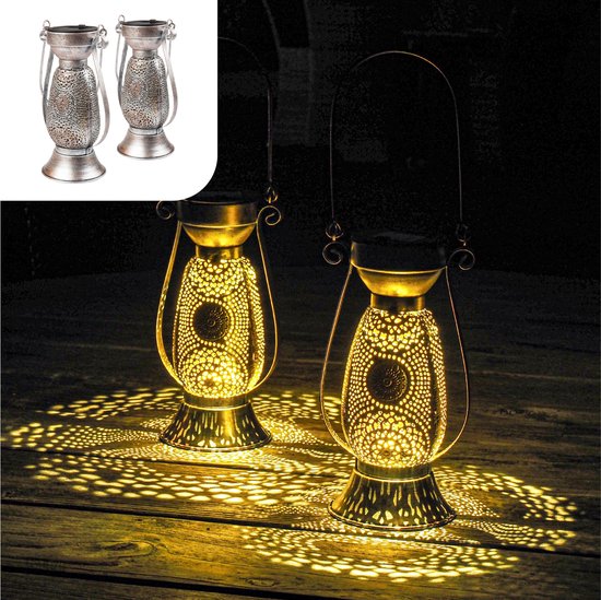Gadgy Solar Tafellamp Petroleum - Olielamp Tuinlantaarn Set van 2 - Solar Tuinverlichting op Zonneenergie - Led Buitenverlichting met dag/nacht Sensor - Hanglamp - 21 x Ø11.5 cm - Metaal van Gadgy