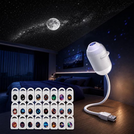 Galaxy Projector Nachtlamp, 24 Films, USB Holografische Sterrenprojector