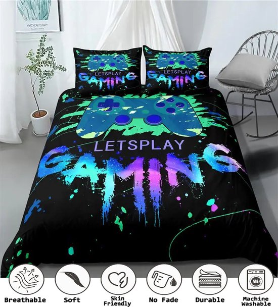 Gaming Eenpersoons Beddengoed - Controller - Dekbed - Jongens Meisjes - Gamekamer - Dekbedovertrek - Met Ritssluiting - Zacht - Microvezel - 140x200cm van Bloynix