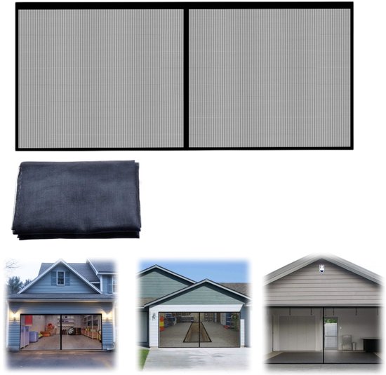 Garagedeur insectennet - garage muggennet - garage hor - klittenbandsluiting - telescopische hor voor twee auto's - voor garages, veranda's, terrasdeuren, openslaande deuren (2 x 4 m - zwart)