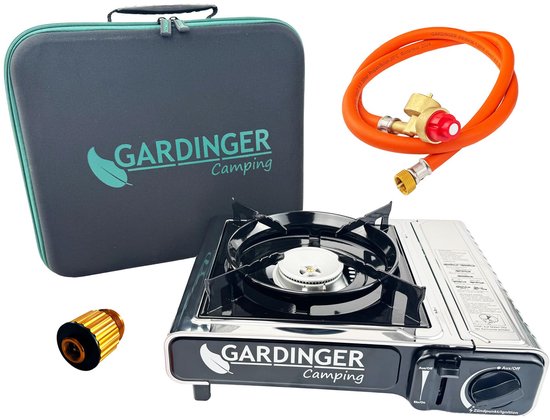 GARDINGER eenpits butaangasbrander Safety Camp Allgas met piëzo-ontsteking, vlambeveiliging en adapterslang