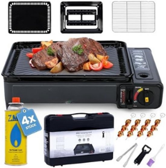 Gas bbq-Camping kooktoestel-2-in-1 Draagbaar campingkooktoestel en gasgrill-Accessoireset en koffer + 4 gaspatronen van 227 g.