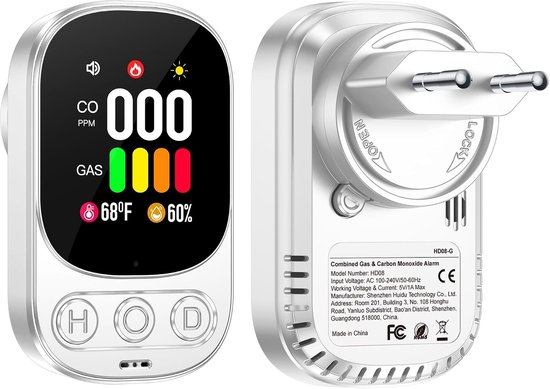 Gas- en koolmonoxidedetector - Plug-in - Continuïteit in gasbewaking - Veiligheid voor thuis - ShopVlot