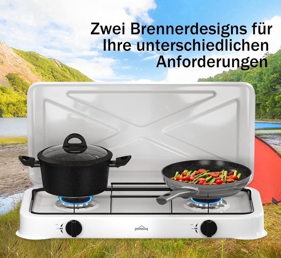 Gas kooktoestel 2-pits – Compact campingfornuis met deksel – Inclusief 1,5 m gasslang & drukregelaar 50 mbar – Wit