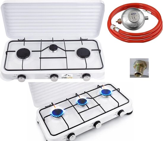 Gas Kooktoestel - 3-pits XL - Kamperen Buiten - Incl Gasslang Set - 59 x 32 x 11 cm - Wit