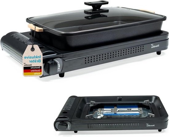 Gas Kooktoestel met Pan - Camping Kooktoestel Outdoor - Buiten Koken - Magnetische Cartouche Aansluiting - XL met Pan - Aluminium