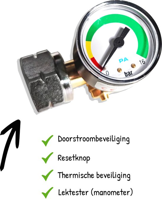 Gas stop propaan DIN 21,8"l - 4 veiligheden bij slangbreuk of brand - doorstroombeveiliging en gasfleszekering - Thermisch beveiligd met resetknop en manometer - ISO 9001 + EN16129 van Merkloos