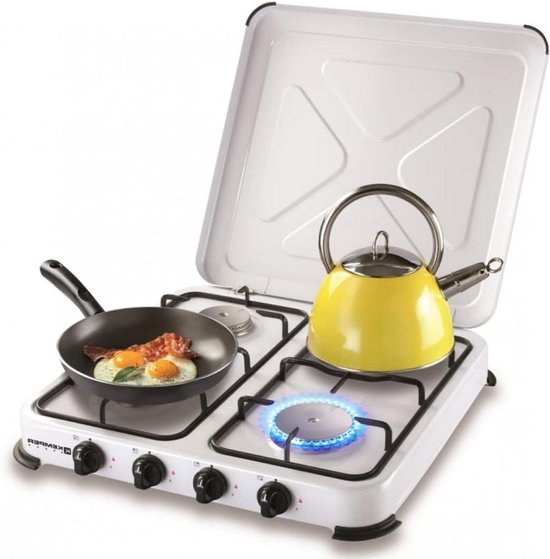 Gasbrander met deksel - Kampeerfornuis - Koken op locatie - Vier aparte branders - 54 x 53 cm - Wit