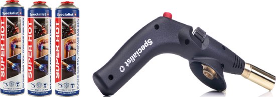 Gasbrander met piezo ontsteking, aansluiting 7/16 , mondstuk 20mm + 3 gabussen,soldeerbrander,Specialist+ SuperHot gas gaspatroon 7/16" van Specialist+