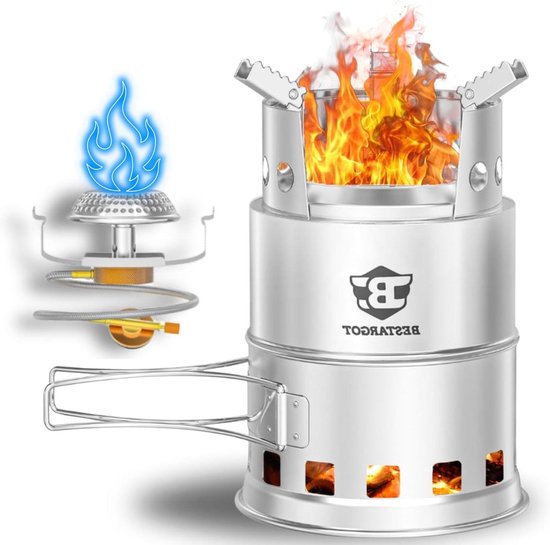 Gasbrander voor hobokachel: roestvrijstalen draagbare buitenkachel met hout- en gasopties van Merkloos