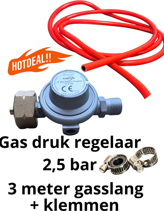 Gasdrukregelaar 2,5 bar met 3 meter gasslang en slangenklemmen van Merkloos