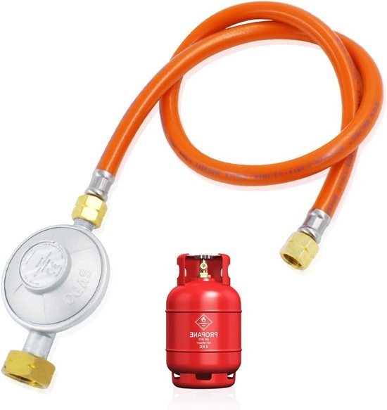 Gasdrukregelaar met 50 mbar en 150 cm gasslang, ideaal voor kamperen, BBQ en picknicks, inclusief 1/4 inch schroefaansluitingen van Merkloos