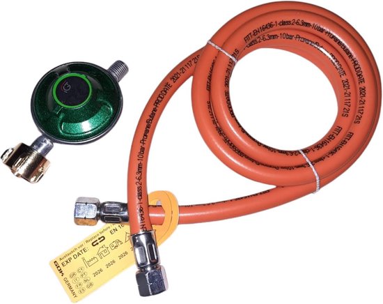 Gasdrukregelaar set met oranje gasslang 1,5m 30mbar 1/4 inch links schroefdraad gasregulator lagedrukventiel voor camping bbq geiser butaan gasflessen van Hozelock