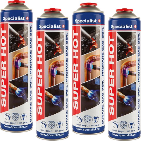 Gasflessen - 4 stuks x 600ml - EN417 Schroefventiel - Gasfles - Specialist+ Super Hot , 7/16 Europese standaard schroefdraad. gasbus , gaspatroon van Specialist+